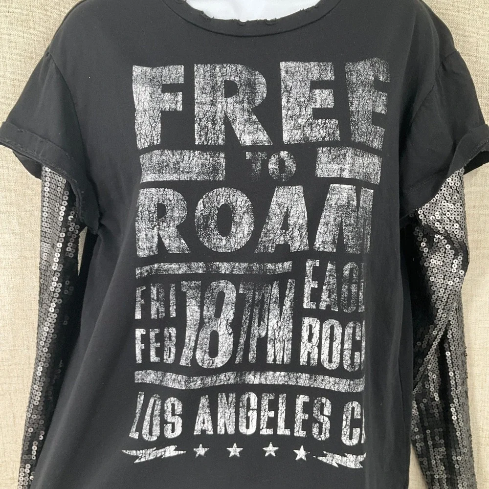 Free People Graphic Tee Women S Black Sequin Layered Distressed Rocker Boho Edgy